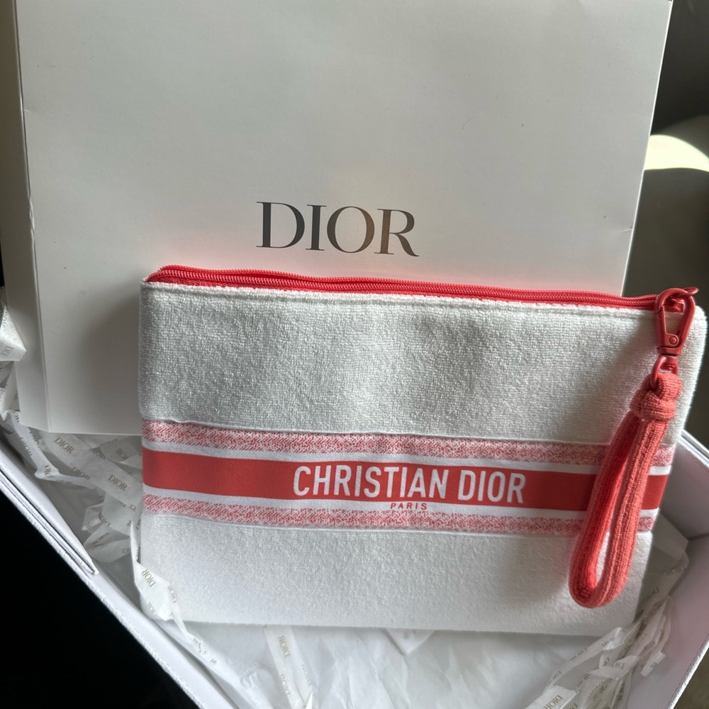 Dior White and Coral Logo Wristlet Pouch BNIB